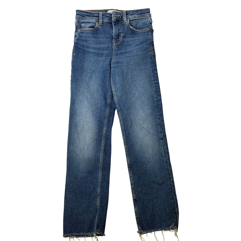 Zara High Rise Straight Leg Blue Jeans Raw Hem Side Slit Size 0 24W